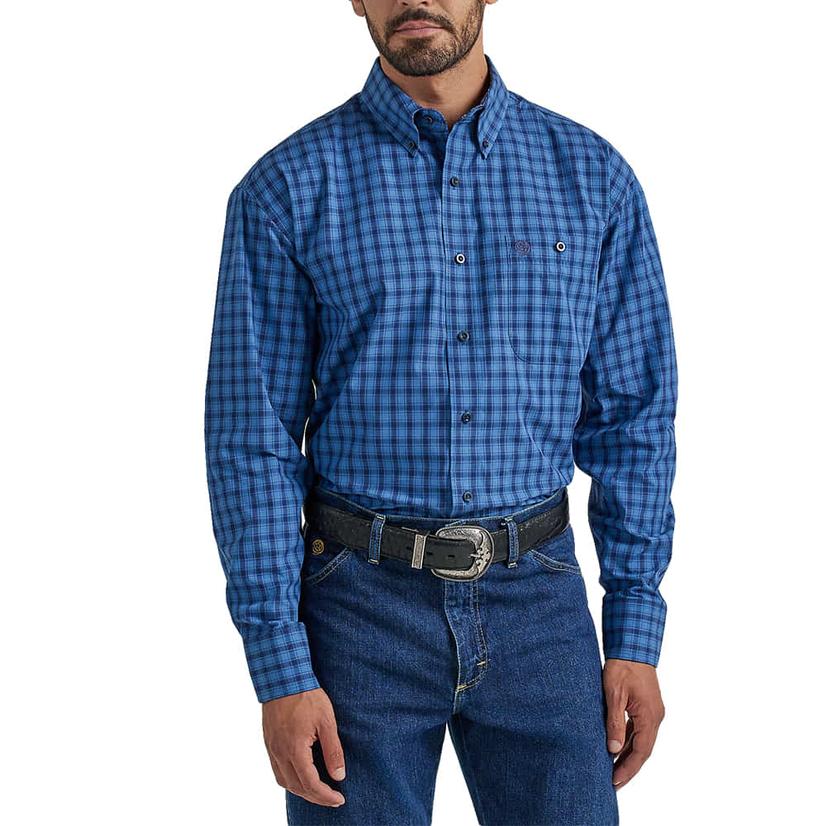  Wrangler George Strait Plaid Blue Long Sleeve Button- Down Men's Shirt