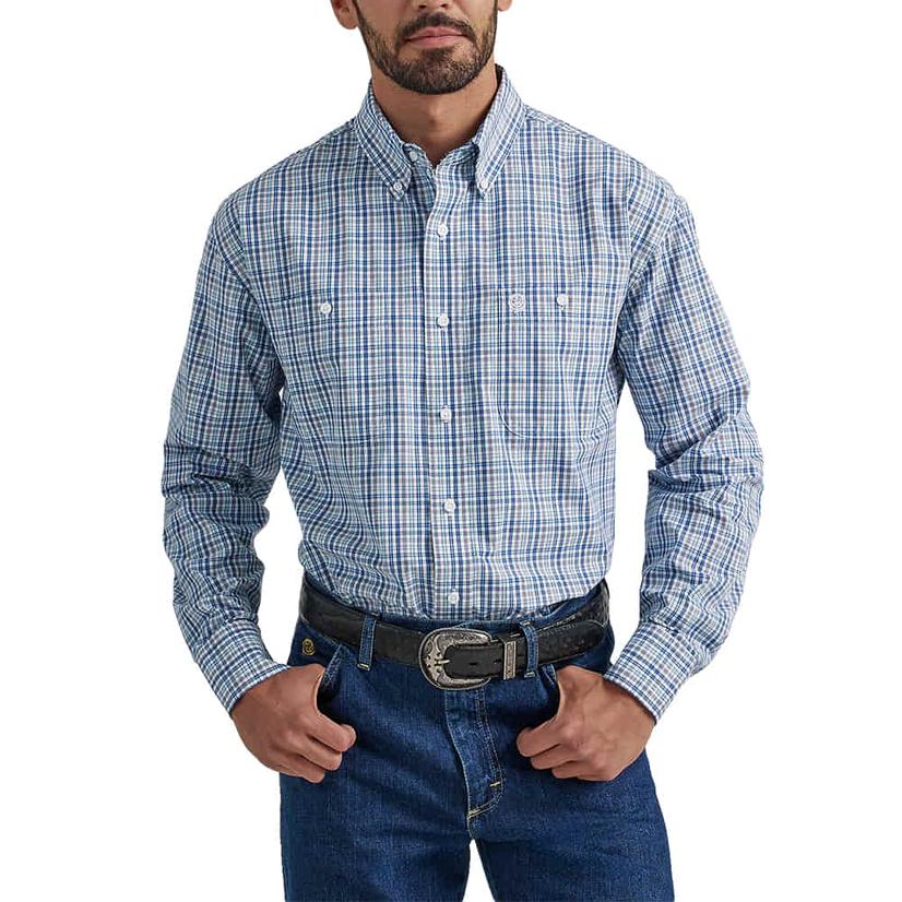  Wrangler George Strait Blue Plaid Long Sleeve Button- Down Men's Shirt