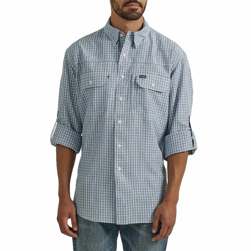  Wrangler Performance Classic Fit Long Sleeve Blue Button- Down Men's Shirt