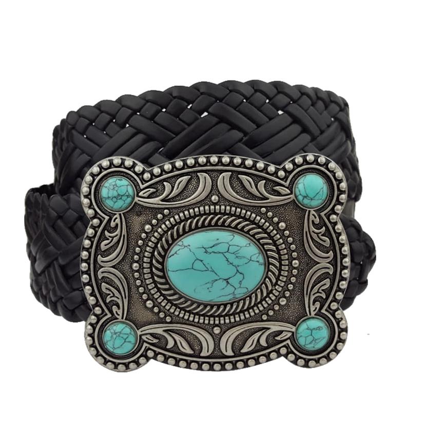  Axesoria West Women's Hand Braided Leather Belt With Turquoise Buckle