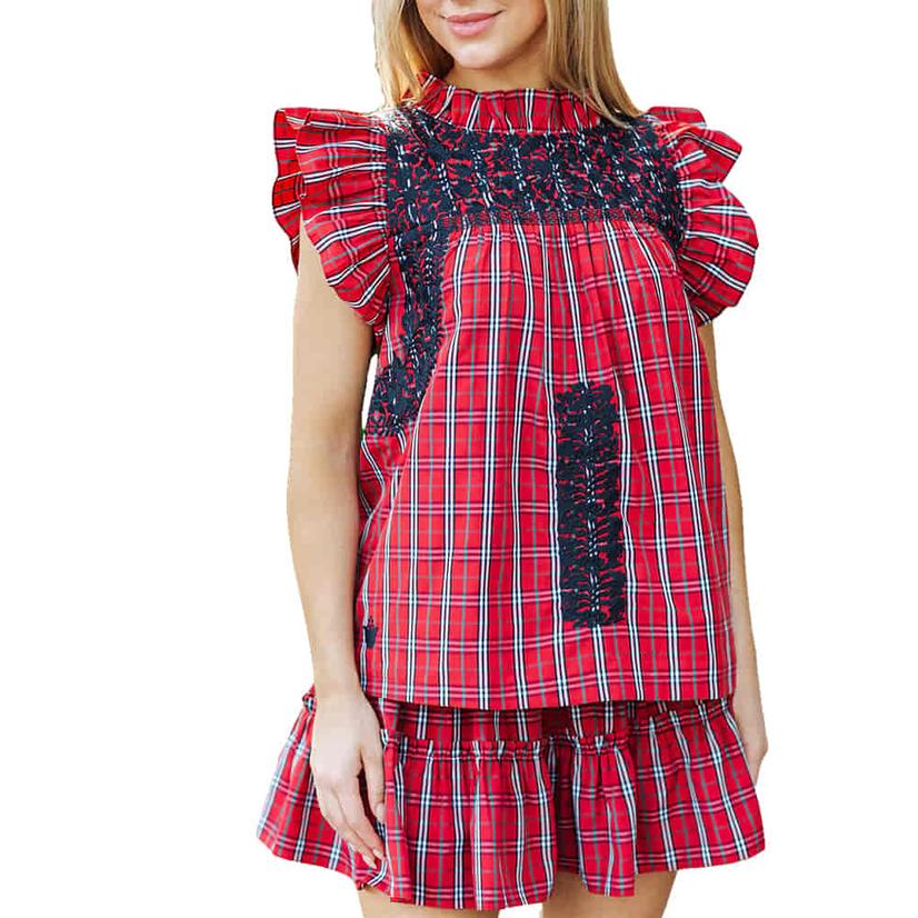  J.Marie Rayna Red Plaid Ruffle Neck Women's Blouse