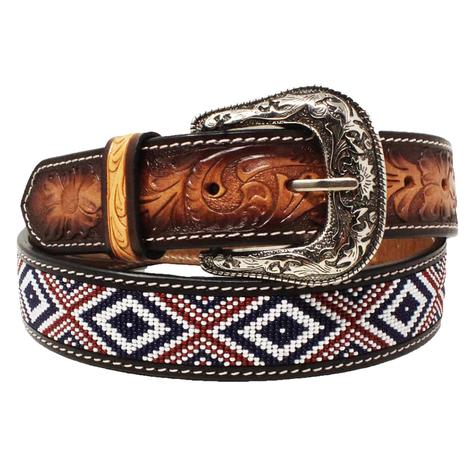 South Texas Tack Multi Color Beaded Tooled Brown Men's Leather Belt