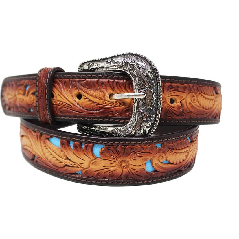  South Texas Tack Turquoise Flower Tooled Men's Leather Belt
