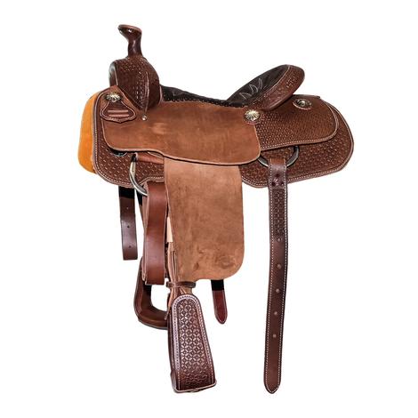STT Half Chocolate Roughout Half Waffle Tool Chocolate Suede Seat Team Roping Saddle