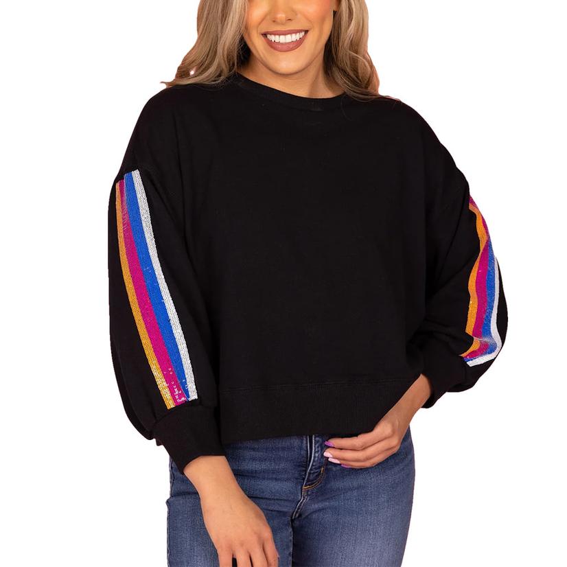  Mary Square Millie Black Sequins Stripe Women's Sweatshirt