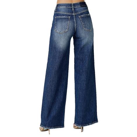 Risen Mid Rise Crossover Wide Leg Women's Jeans in Dark Wash