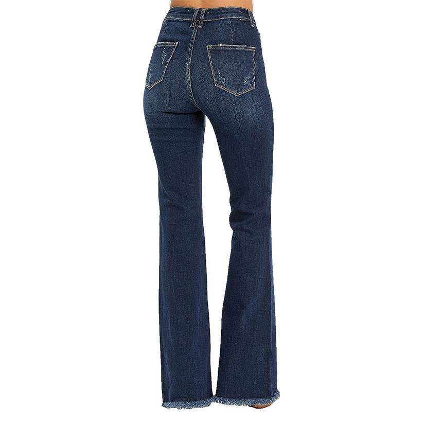  Risen High Rise Vintage Frayed Hem Flare Women's Plus Size Jeans In Dark Wash