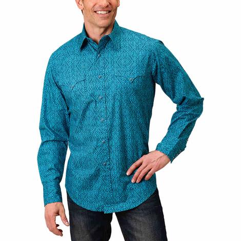 Roper West Made Aztec Print Blue Long Sleeve Snap Men's Shirt