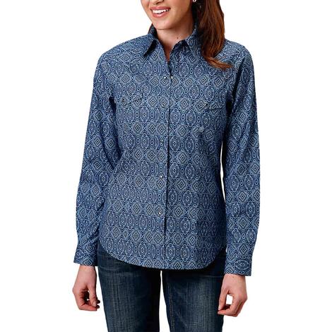 Roper Amarillo Collection Blue Geo Print Long Sleeve Snap Women's Shirt