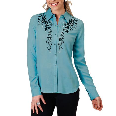 Roper West Collection Blue Embroidered Long Sleeve Buttondown Women's Shirt