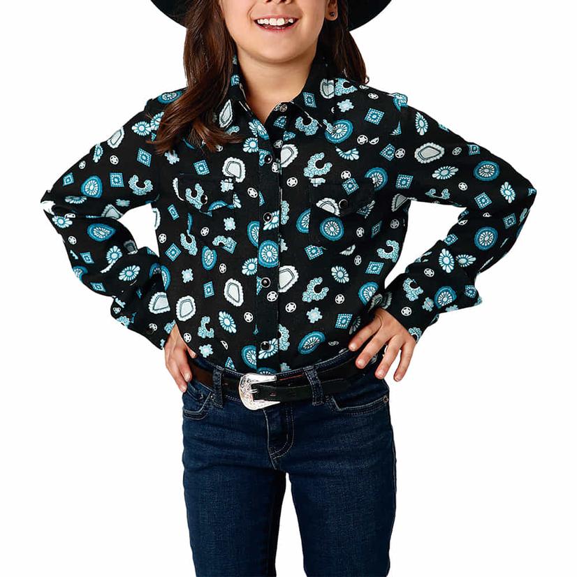  Roper Turquoise Jewel Printed Long Sleeve Snap Girl's Shirt