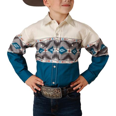 Roper Blue and White with Aztec Border Long Sleeve Snap Boy's Shirt