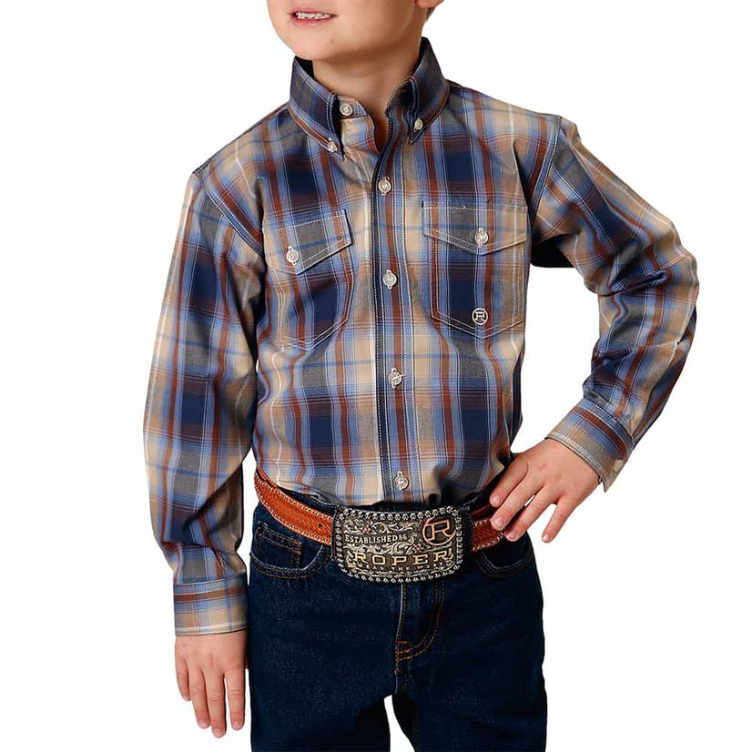  Roper Amarillo Collection Blue Plaid Long Sleeve Button- Down Boy's Shirt