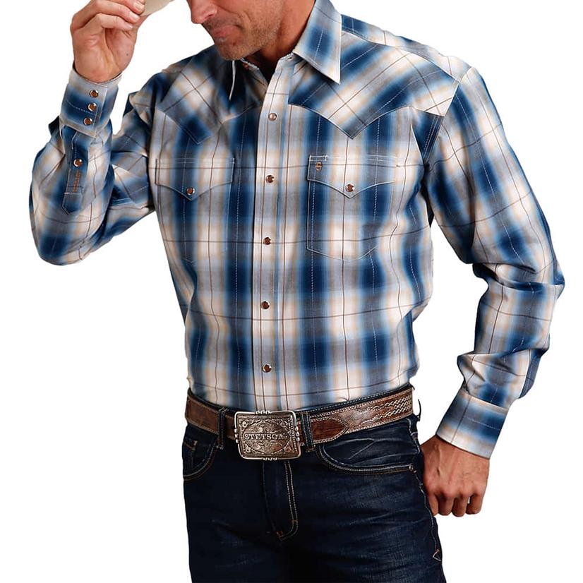 Blue Plaid Long Sleeve Snap Men's Shirt by Stetson