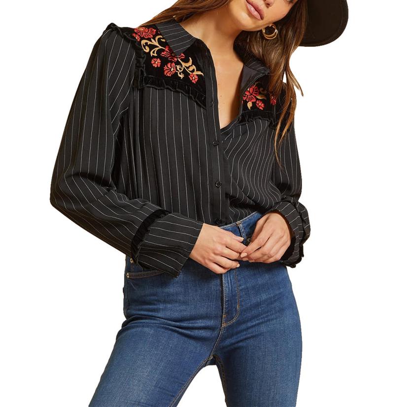  Savanna Jane Black Striped Long Sleeve Embroidered Plus Size Women's Blouse