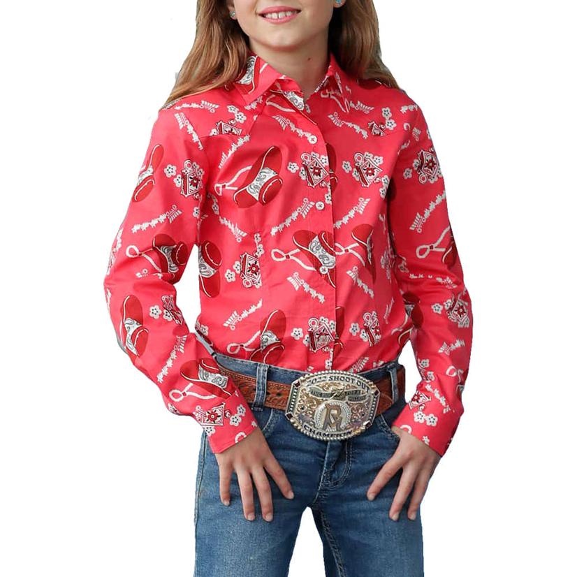  Cruel Girl Coral Cowgirl Print Long Sleeve Button- Down Girl's Shirt
