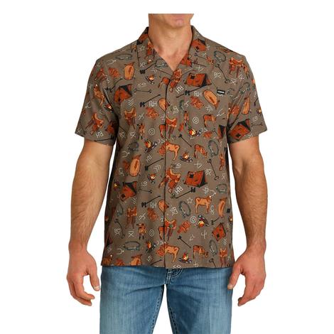 Cinch Brown Camp Cow Camp Short Sleeve Button-Down Men's Shirt