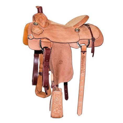 STT Natural Roughout Eighth Floral Tool Tan Suede Seat Calf Roping Saddle