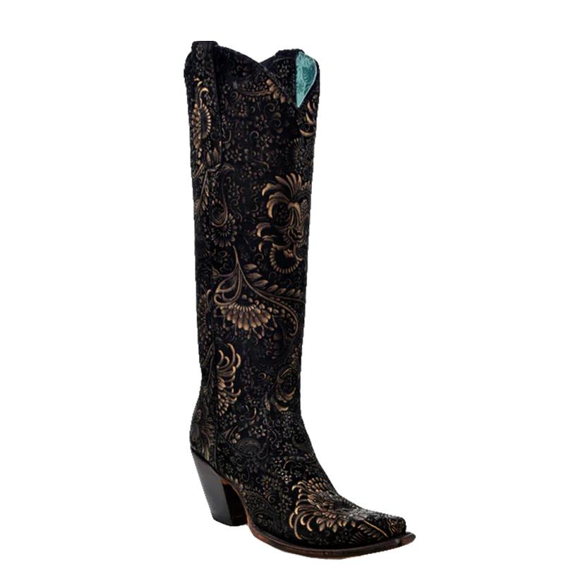  Corral Women's Black And Gold Stamped Suede Floral Tall Top Boot