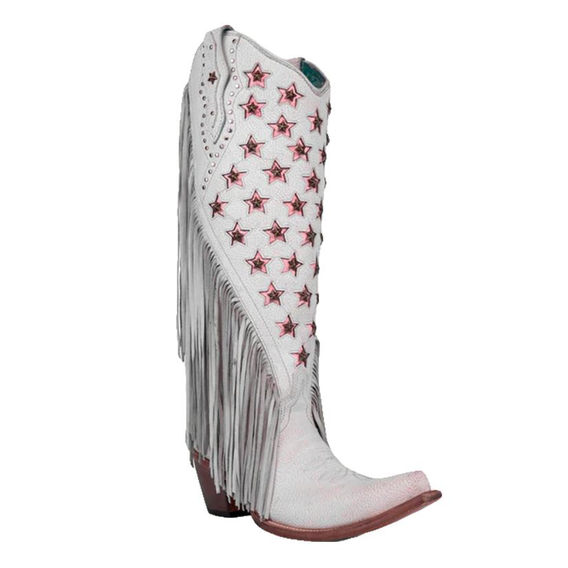  Corral Boot Co.White And Pink Stars Inlay Embroidered Women's Fringe Boots