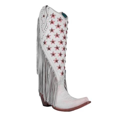Corral Boot Co. White And Pink Stars Inlay Embroidered Women's Fringe Boots