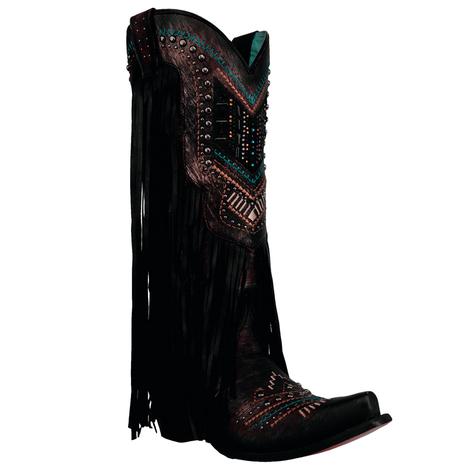 Corral Black Distressed Embroidered Crystal Lamb Fringe Women's Boot