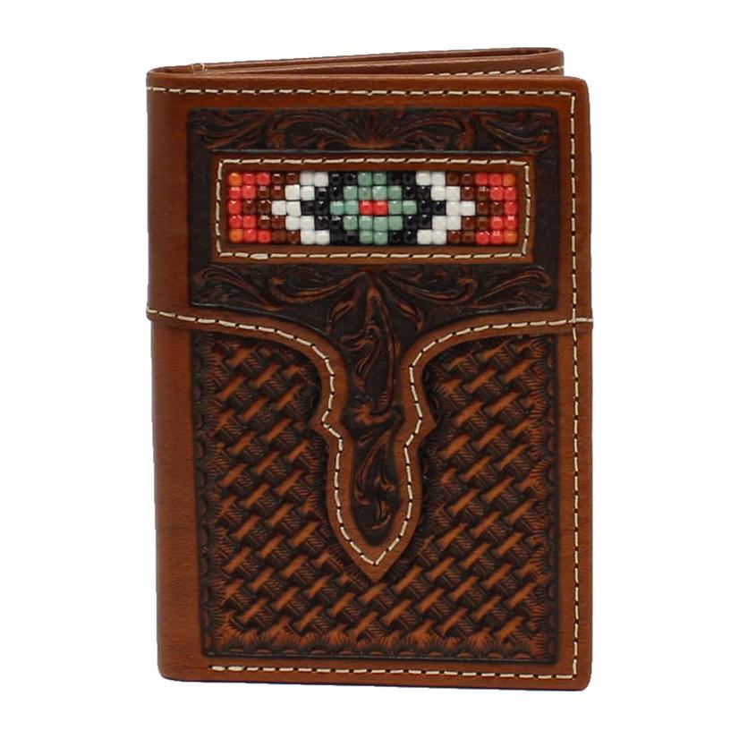 Nocona Beaded And Tooled Tri- Fold Men's Leather Wallet