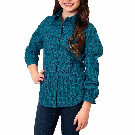 Roper Blue Geo Print Long Sleeve Snap Girl's Shirt