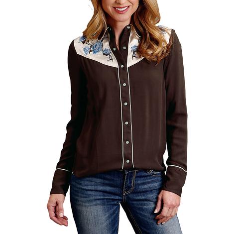 Roper Stetson Western Brown Embroidered Long Sleeve Snap Women's Shirt