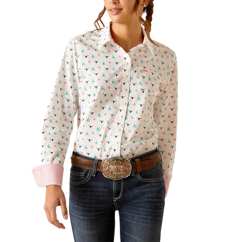  Ariat Steer Garden White Long Sleeve Button- Down Women's Shirt