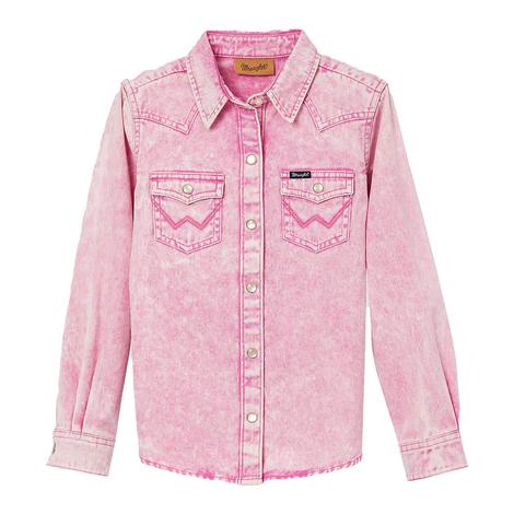 Wrangler Girls Pink Snap Front Western Long Sleeve Shirt