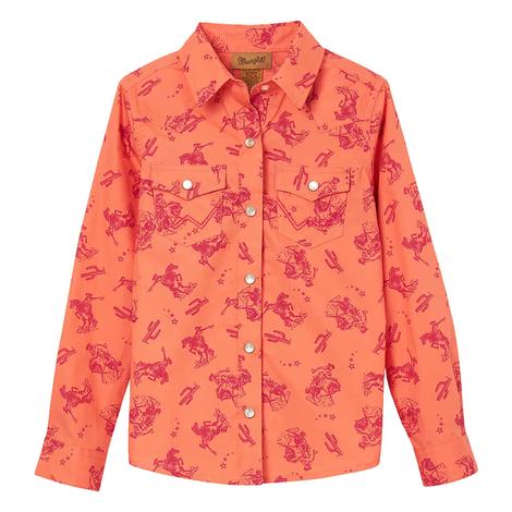 Wrangler Girls Orange Western Long Sleeve Snap Front Shirt