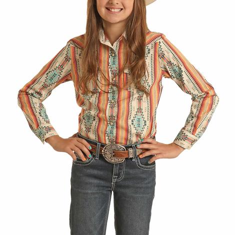Rock and Roll Cowgirl Orange Aztec Print Long Sleeve Girls Shirt