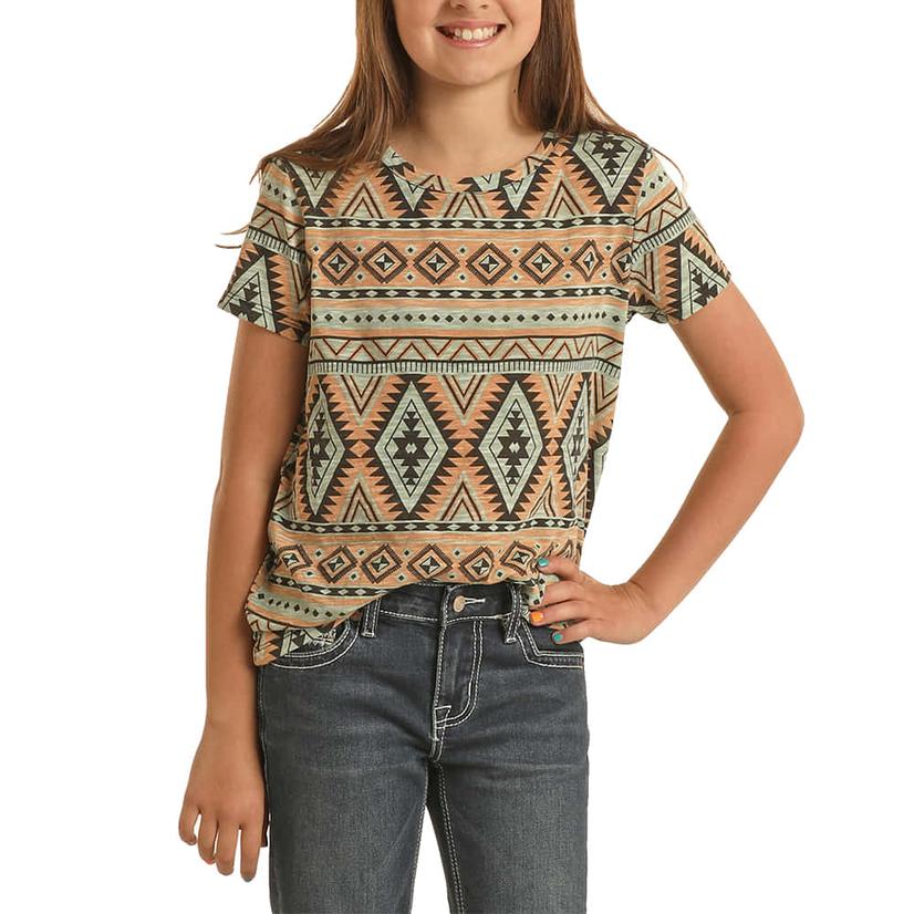  Rock And Roll Cowgirl Camel Aztec Print Girls T- Shirt