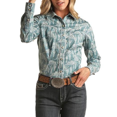 Rock and Roll Cowgirl Turquoise Piping Conversational Long Sleeve Women's Shirt