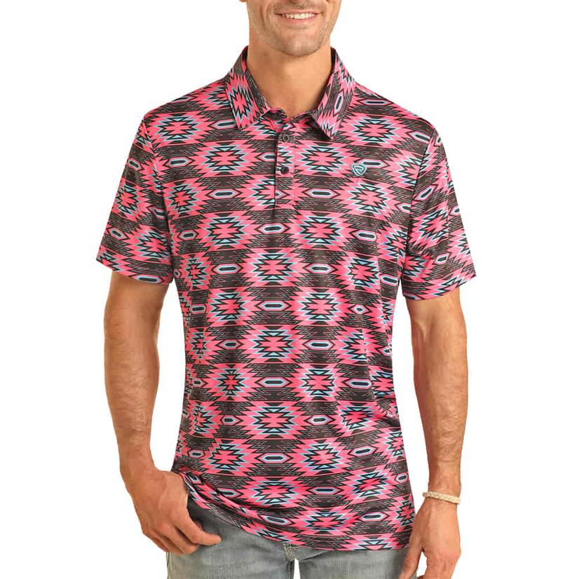  Rock & Roll Pink Aztec Print Button- Down Men's Polo Shirt