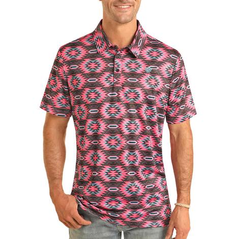 Rock & Roll Pink Aztec Print Button-Down Men's Polo Shirt