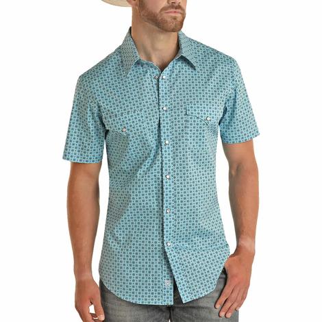 Rock & Roll Men's Turquoise Short Sleeve Shirt Snap Geo Print