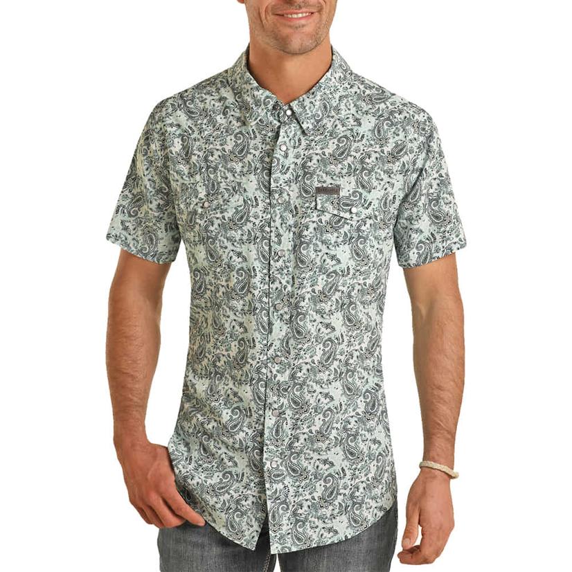  Panhandle Short Sleeve Men's Shirt Turquoise Paisley Woven Snap