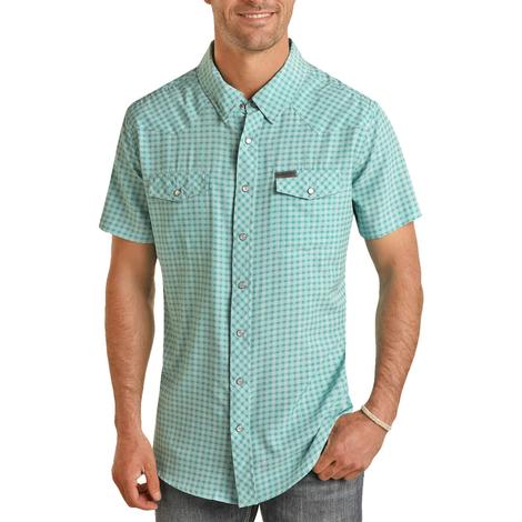 Panhandle Men's Short Sleeve Shirt Snap Check Woven Turquoise