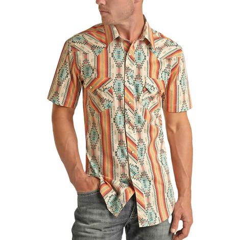 Rock & Roll Snap Men's Short Sleeve Orange Aztec Print Shirt