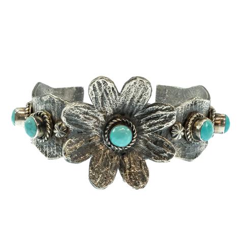 W.D.Native American Navajo Sterling Silver Turquoise Flower Bracelet Cuff 