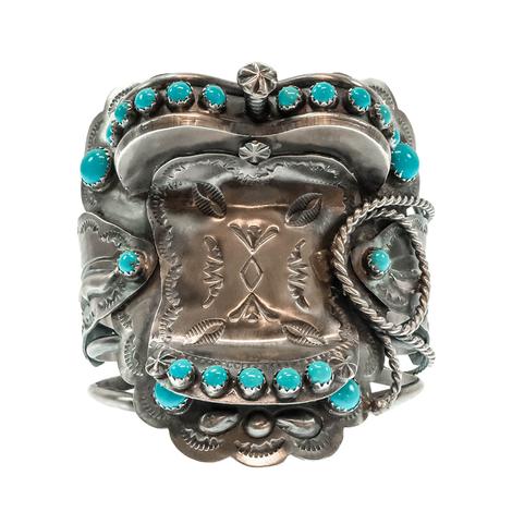Tim Yazzie Native American Sterling Silver Saddle Turquoise Bracelet Cuff