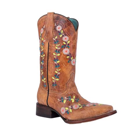 Corral Boot Co. Tan Honey Floral Embroidered Kid's Glow Collection