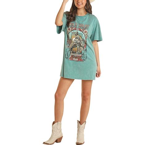 Rock and Roll Cowgirl Turquoise Graphic Women's T-Shirt Dress