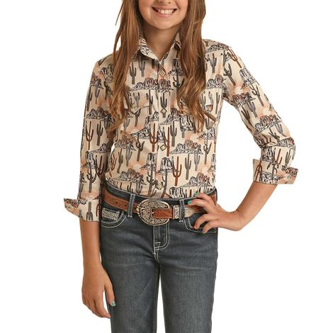 Rock and Roll Cowgirl Orange Dale Conversation Long Sleeve Girls Shirt