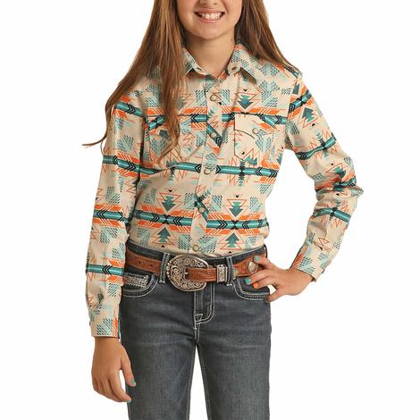Rock and Roll Cowgirl Turquoise Aztec Print Long Sleeve Girls Shirt