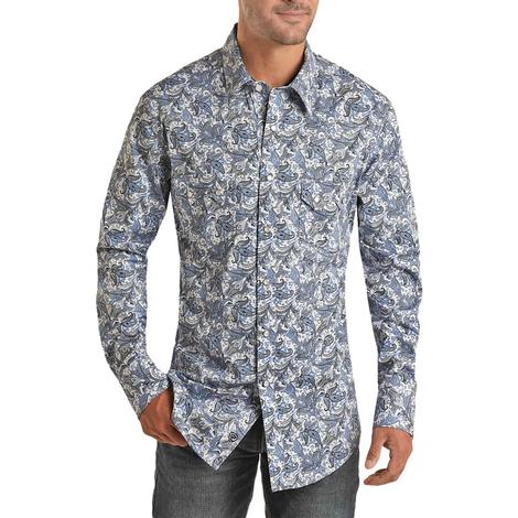 Rock & Roll Cowboy Paisley Long Sleeve Snap Men's Shirt In Blue