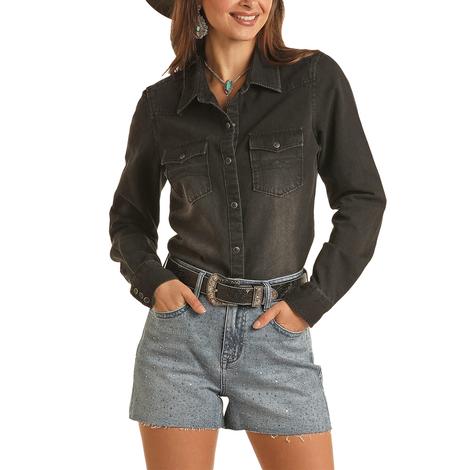 Rock and Roll Cowgirl Black Denim Long Sleeve Women's Shirt