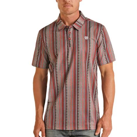 Rock & Roll Men's Red Aztec Striped Short Sleeve Polo Shirt